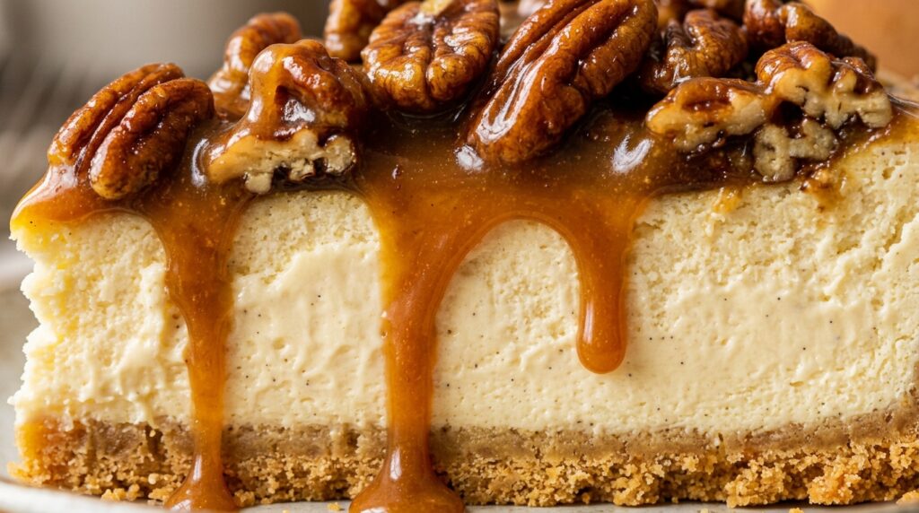 Ultra close-up macro of a slice of decadent pecan pie cheesecake with dripping caramel and toasted pecans