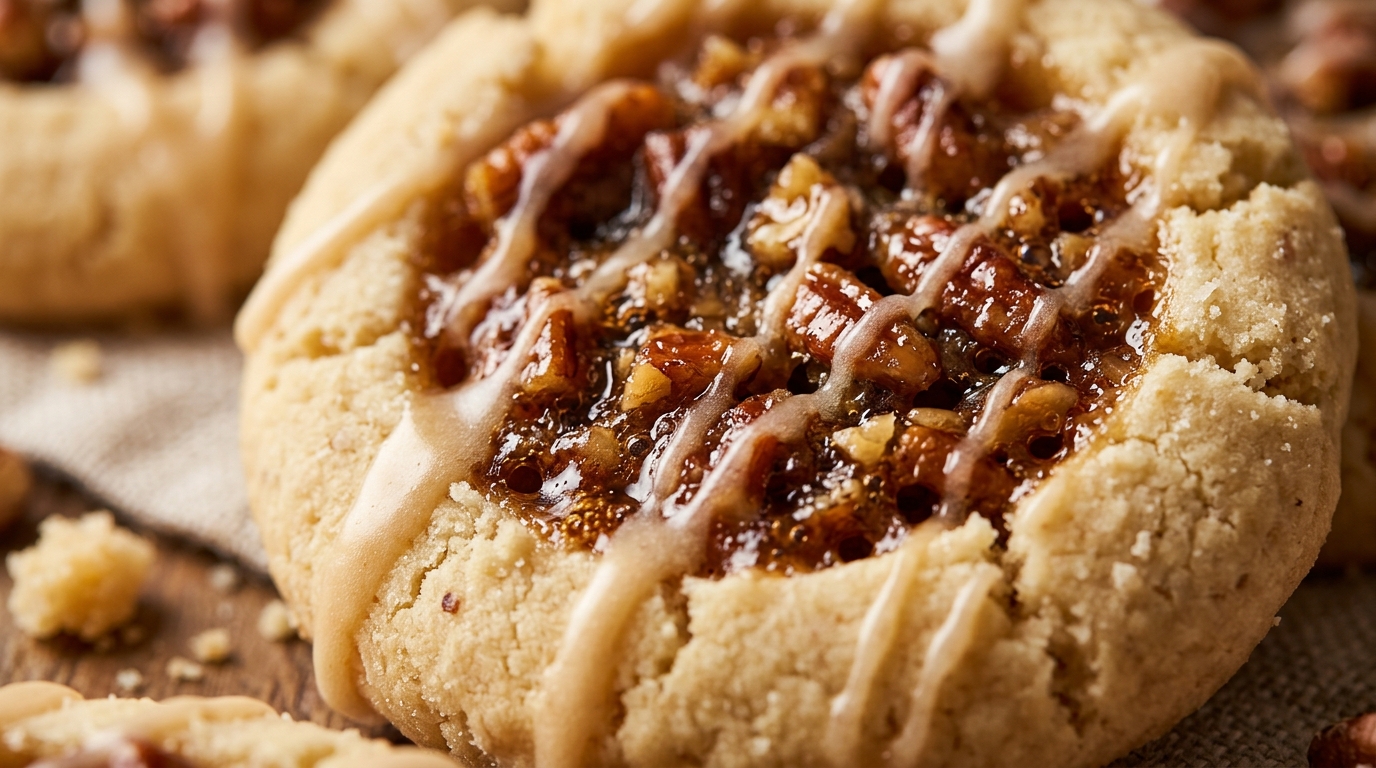 Ultra close-up macro of buttery pecan pie shortbread cookie filled with bubbling brown sugar toasted pecans and warm vanilla glaze