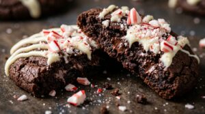 Ultra close-up macro of fudgy dark chocolate peppermint bark cookie with melted white chocolate drizzle and crushed candy canes