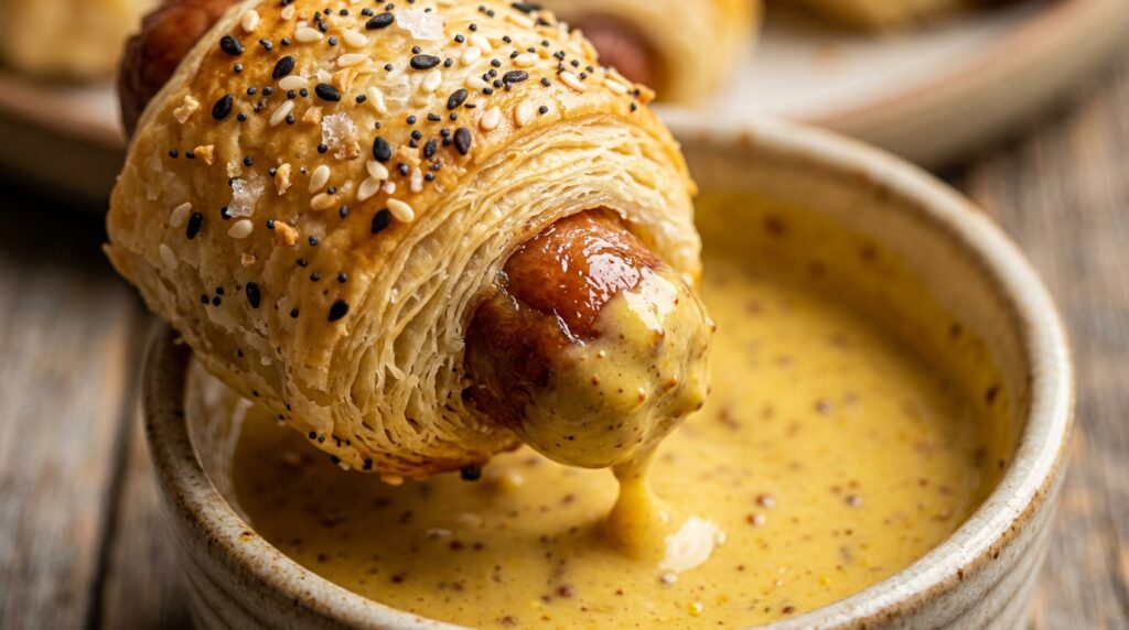 Ultra close-up macro of flaky golden puff pastry pigs in a blanket dipped in creamy honey Dijon sauce