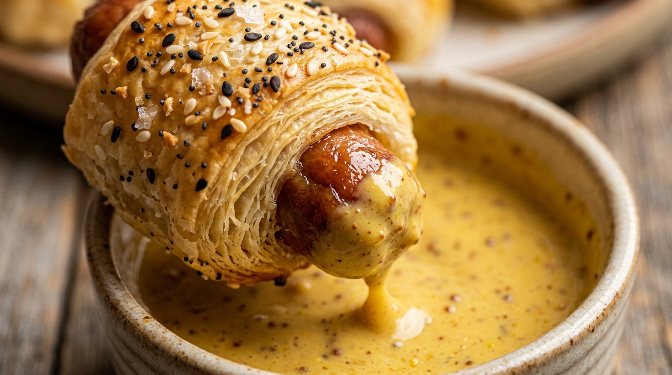 Ultra close-up macro of flaky golden puff pastry pigs in a blanket dipped in creamy honey Dijon sauce