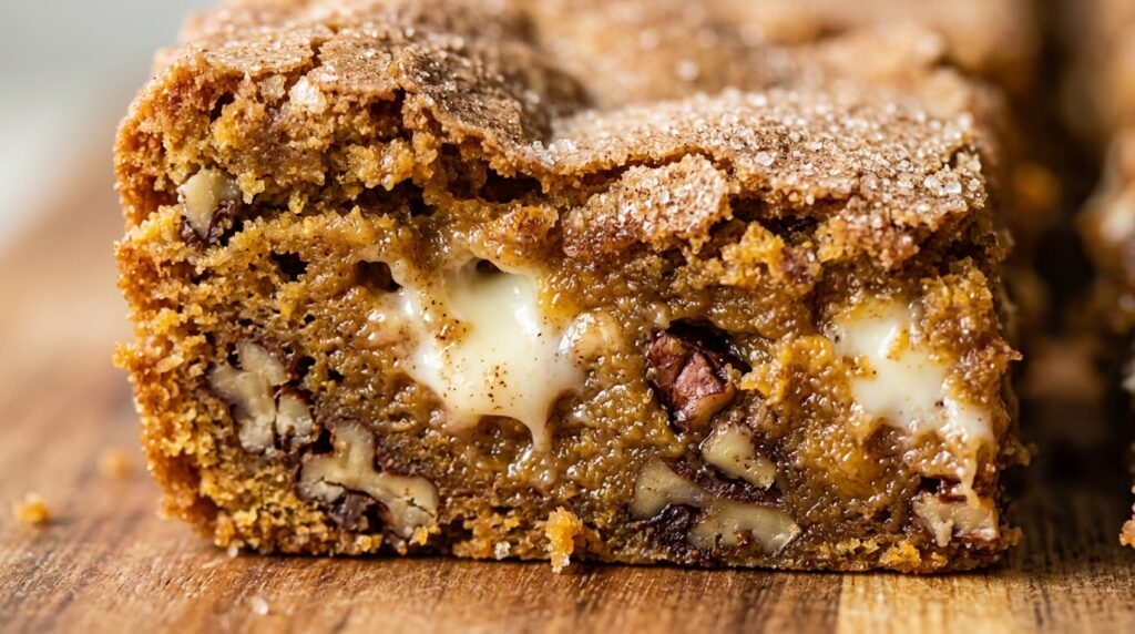 Ultra close-up macro of dense chewy spiced pumpkin blondies with melted white chocolate chips and crackly crinkle top