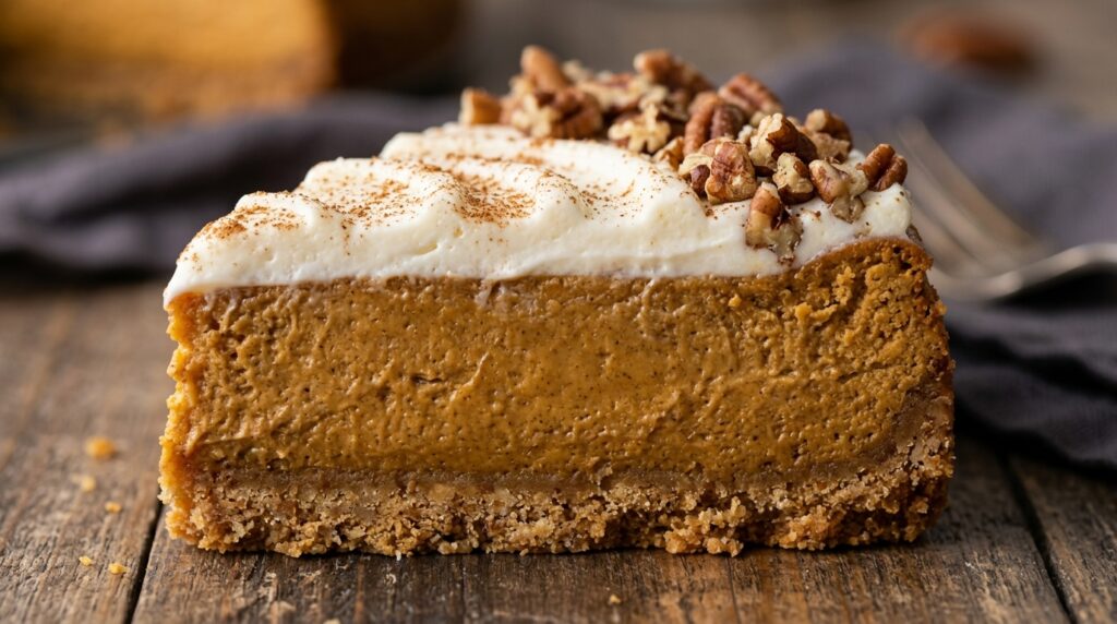 Ultra close-up macro of sliced creamy pumpkin cheesecake bars showing buttery graham cracker crust, spiced pumpkin layer, and whipped cream