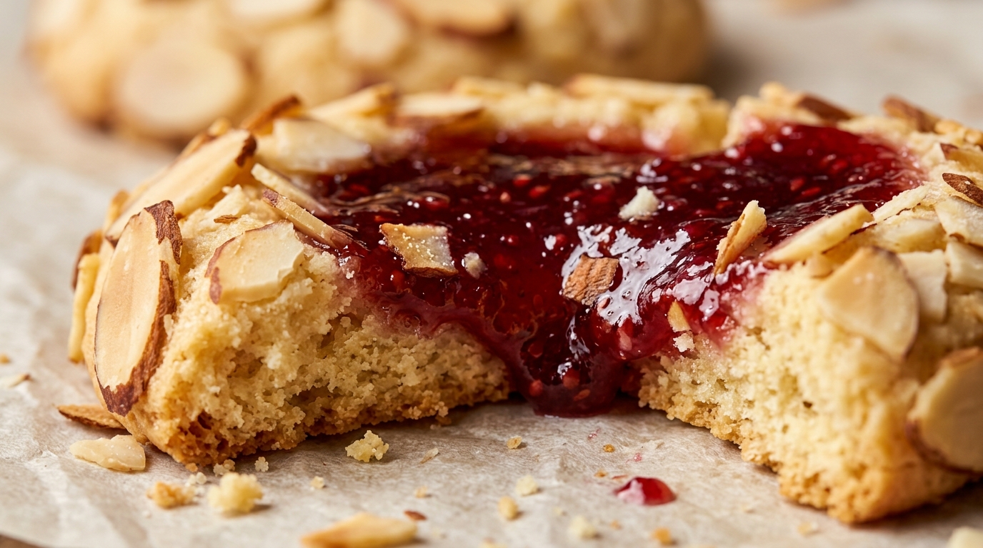 Ultra close-up macro of golden buttery shortbread thumbprint cookie rolled in sliced almonds with glistening ruby raspberry jam center