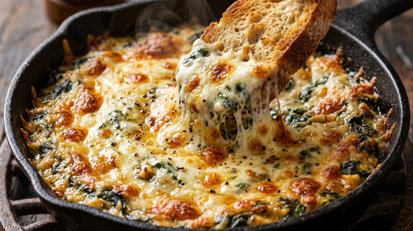 Ultra close-up macro food photography of cast iron skillet of bubbling hot roasted garlic spinach dip with golden melted cheese