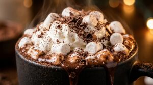 Ultra close-up macro food photography of rich velvety slow cooker hot chocolate in ceramic mug with melting whipped cream and mini marshmallows