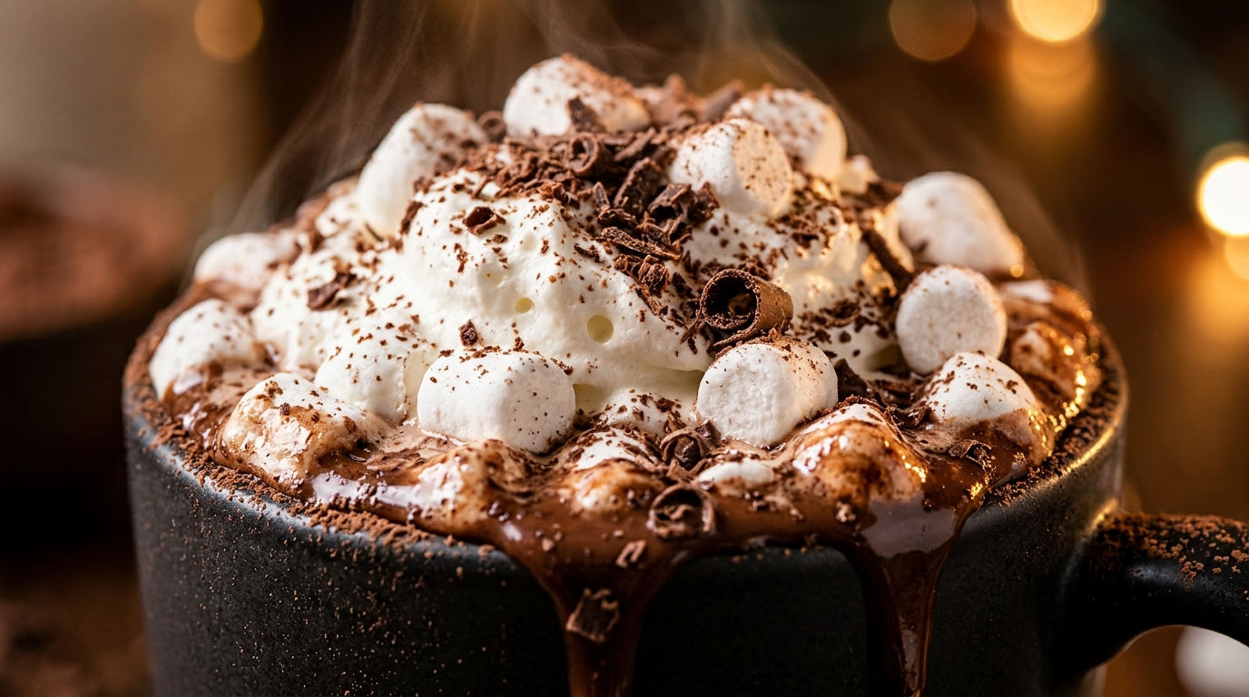 Ultra close-up macro food photography of rich velvety slow cooker hot chocolate in ceramic mug with melting whipped cream and mini marshmallows