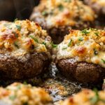 Ultra close-up macro of juicy brown cremini mushroom cap overflowing with bubbling melted parmesan, golden garlic herb panko breadcrumbs, and hot garlic butter