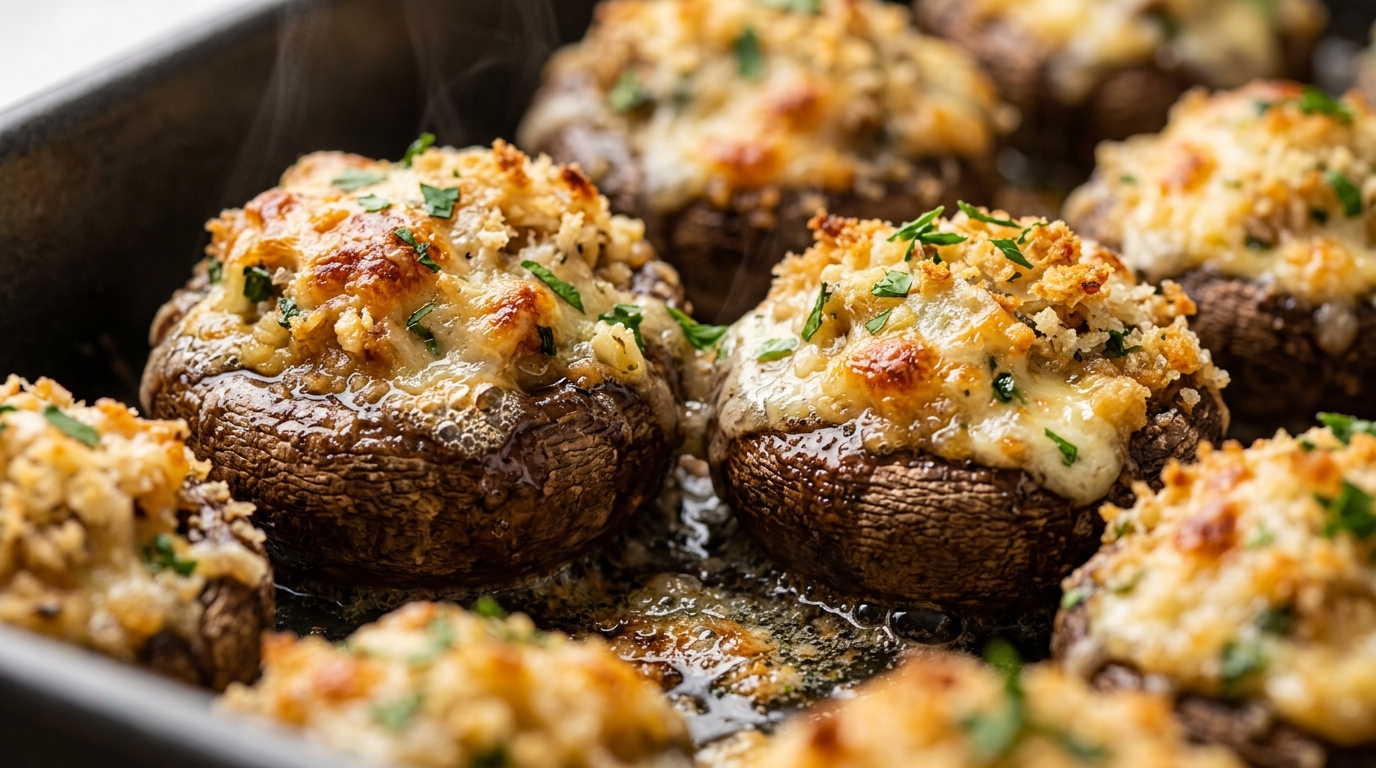Ultra close-up macro of juicy brown cremini mushroom cap overflowing with bubbling melted parmesan, golden garlic herb panko breadcrumbs, and hot garlic butter