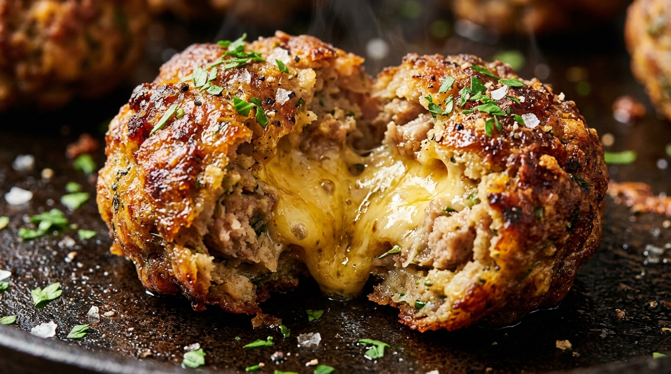 Ultra close-up macro of savory golden-brown stuffing sausage balls showing melted cheddar cheese and herbs