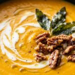 Ultra close-up macro of velvety roasted sweet potato soup swirled with cream, maple-candied pecans, crispy fried sage, and cracked black pepper