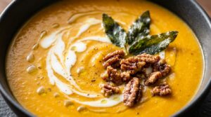 Ultra close-up macro of velvety roasted sweet potato soup swirled with cream, maple-candied pecans, crispy fried sage, and cracked black pepper