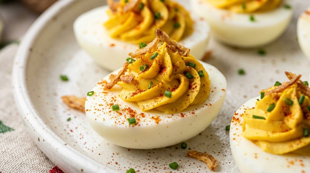 Ultra close-up macro of gourmet Thanksgiving deviled eggs piped with silky golden yolk mousse, crispy shallots, smoked paprika, and fresh chives