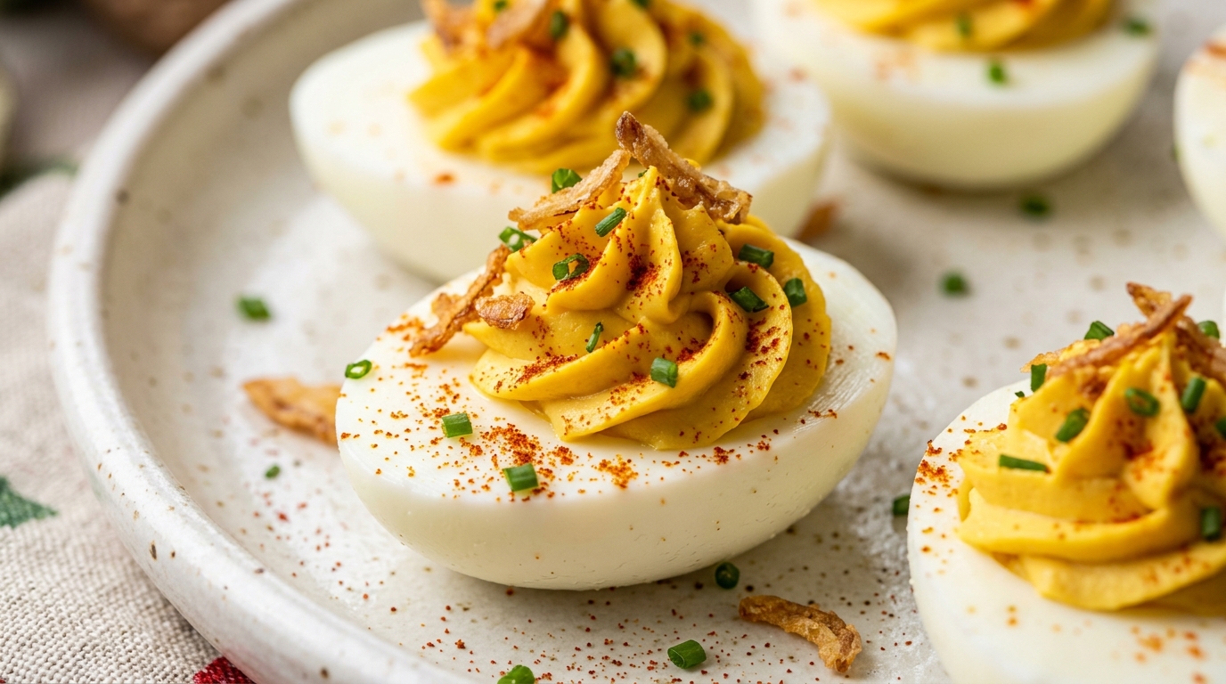 Ultra close-up macro of gourmet Thanksgiving deviled eggs piped with silky golden yolk mousse, crispy shallots, smoked paprika, and fresh chives