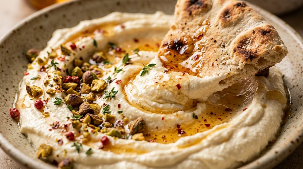 Ultra close-up macro of creamy whipped feta dip swirled in ceramic bowl with shimmering chili hot honey drizzle and toasted crushed pistachios