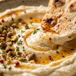 Ultra close-up macro of creamy whipped feta dip swirled in ceramic bowl with shimmering chili hot honey drizzle and toasted crushed pistachios