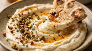 Ultra close-up macro of creamy whipped feta dip swirled in ceramic bowl with shimmering chili hot honey drizzle and toasted crushed pistachios