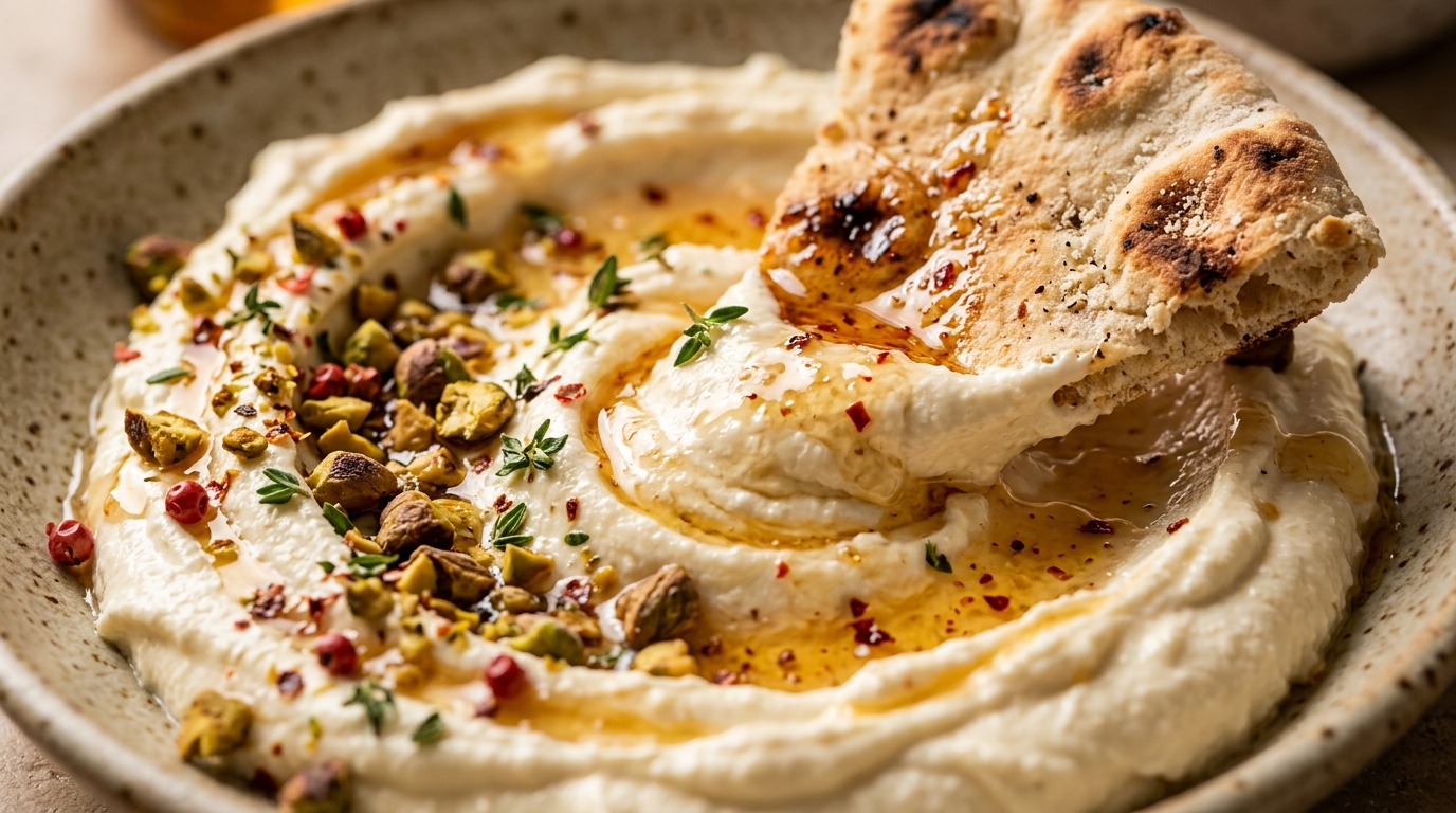 Ultra close-up macro of creamy whipped feta dip swirled in ceramic bowl with shimmering chili hot honey drizzle and toasted crushed pistachios