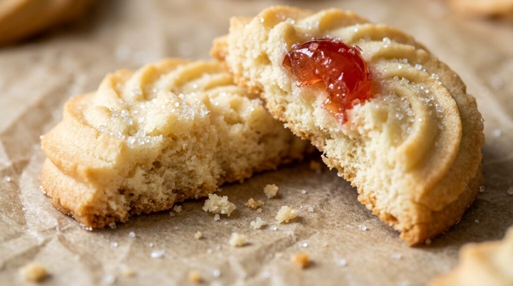 Ultra close-up macro of melt-in-your-mouth whipped shortbread cookie split in half showing delicate crumbly texture and candied cherry