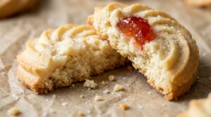 Ultra close-up macro of melt-in-your-mouth whipped shortbread cookie split in half showing delicate crumbly texture and candied cherry