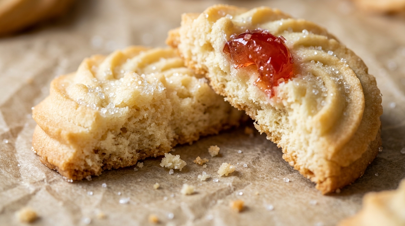 Ultra close-up macro of melt-in-your-mouth whipped shortbread cookie split in half showing delicate crumbly texture and candied cherry
