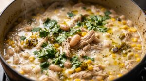 Ultra close-up macro food photography of bubbling Dutch oven of creamy white chicken chili with shredded chicken and white beans